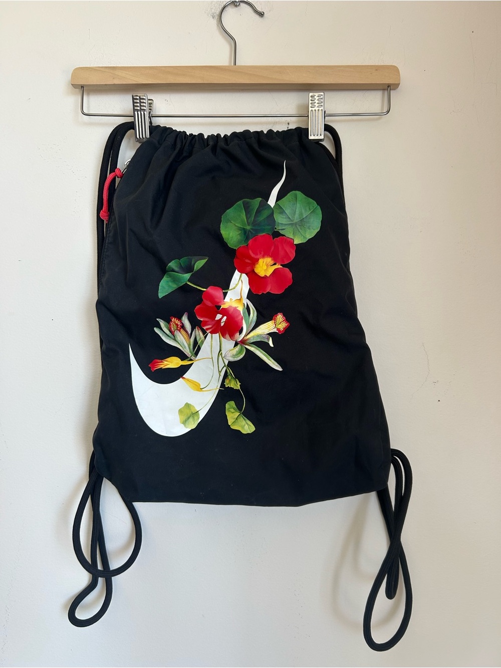 Nike Black Floral Logo Drawstring Backpack